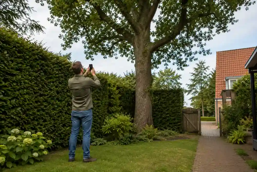 Huiseigenaar fotografeert een volledige boom en de bereikbaarheid van de tuin