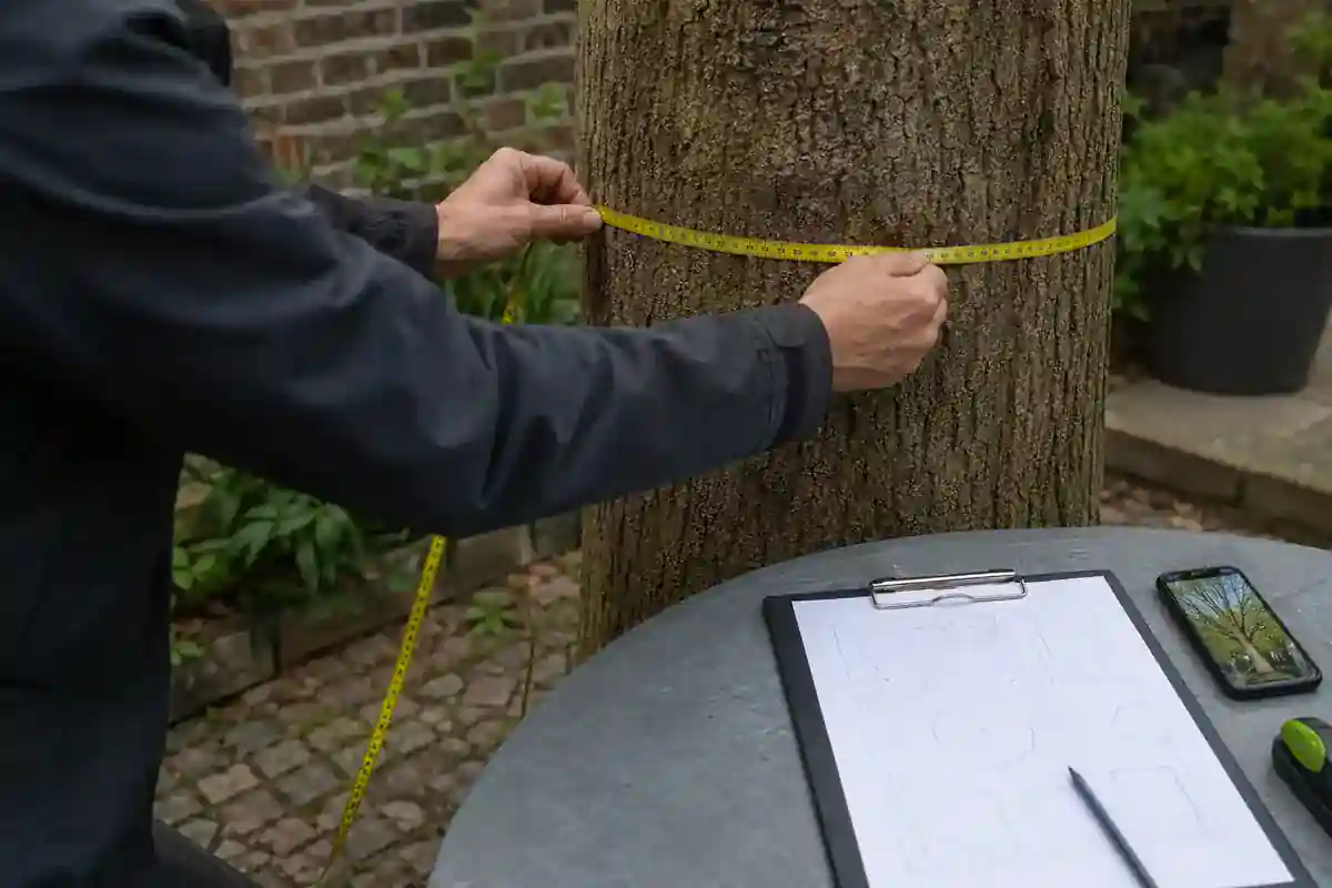 Stamomtrek wordt opgemeten naast een situatieschets en boomfoto