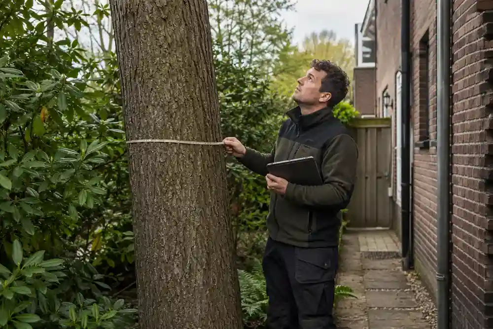 Boomverzorger meet een boomstam voor een gerichte beoordeling