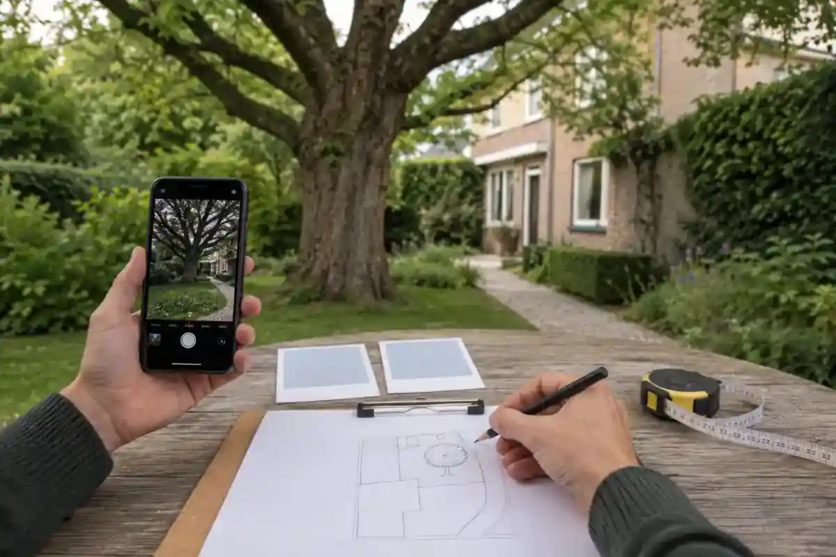 Bewoner maakt boomfoto’s en een eenvoudige situatieschets voor de aanvraag