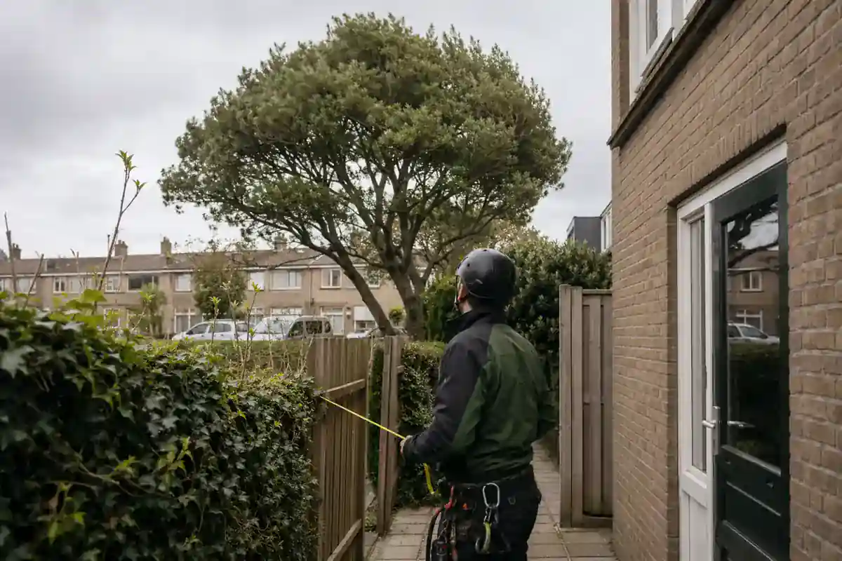 Boomverzorger beoordeelt windbelasting en een smalle Haagse achterom