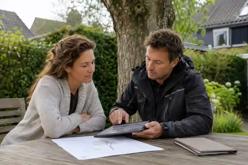 Huiseigenaar en boomadviseur bespreken de kapplanning